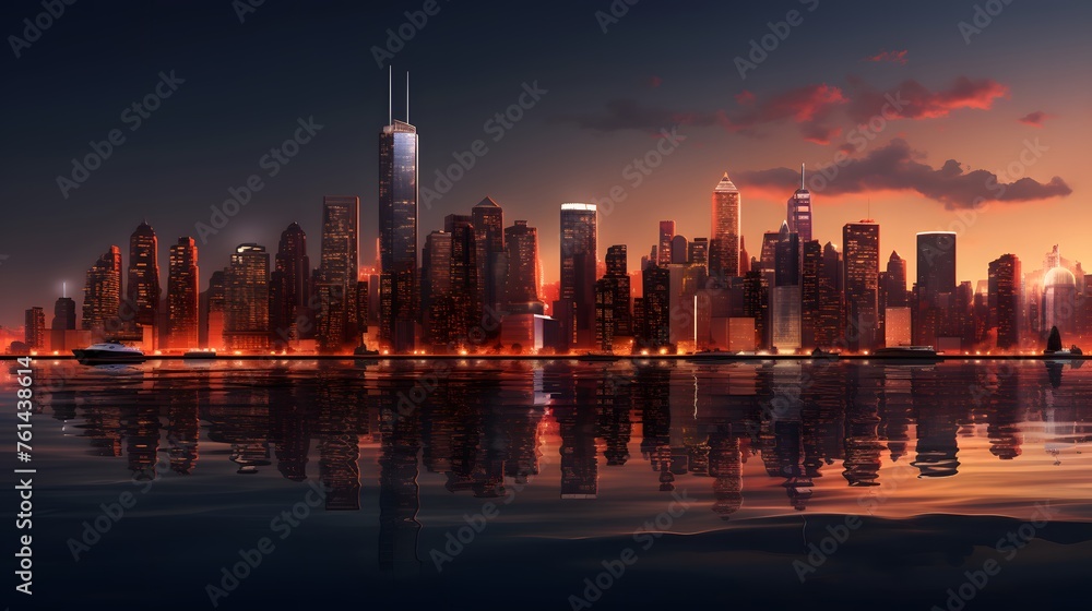 A city skyline at dusk, illuminated by the warm glow of city lights and reflections on calm waters.