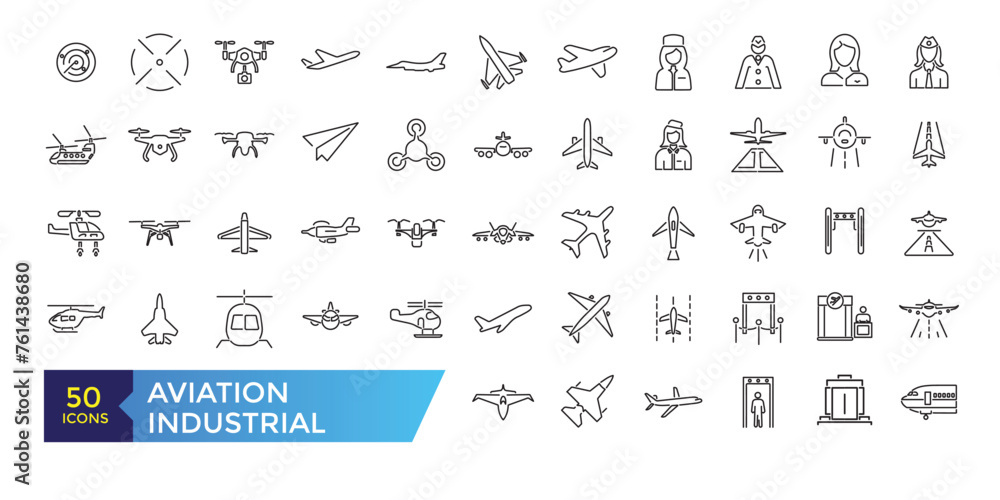 Aviation and Aircraft outline icon set with flight plane editable stroke symbol: airline, travel, charter, route, airplane, business jet, military fighter. - obrazy, fototapety, plakaty 