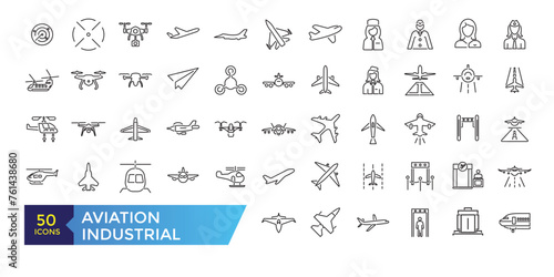 Aviation and Aircraft outline icon set with flight plane editable stroke symbol: airline, travel, charter, route, airplane, business jet, military fighter.