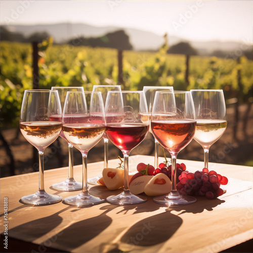 Red and white wine in various shaped glasses with grapes on a wooden table in a vineyard at sunset.