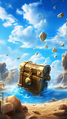 Fantasy treasure chest in blue water surrounded by rocks and floating debris.