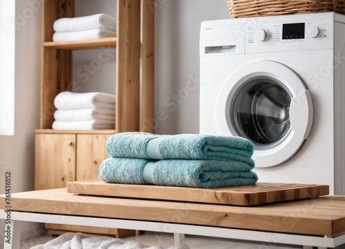 Empty wooden board with towels on blurred background of washing machine in home laundry. © Universeal