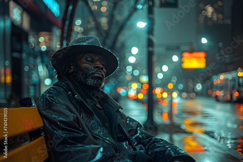 Illustration of homeless man sleeping on a roadside bench under the light of a utility pole to be used regarding the problems of homelessness, poverty, social problems. Should focus on human dignity.