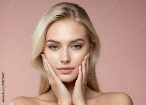 l blonde woman with healthy skin looks at the camera and touches her face with her hands