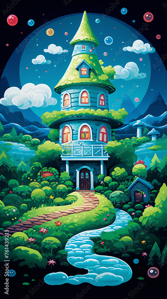 Whimsical cartoon house in a lush green landscape with a river flowing through it.