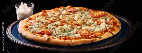 Food photography of a delicious-looking pizza against a black background.