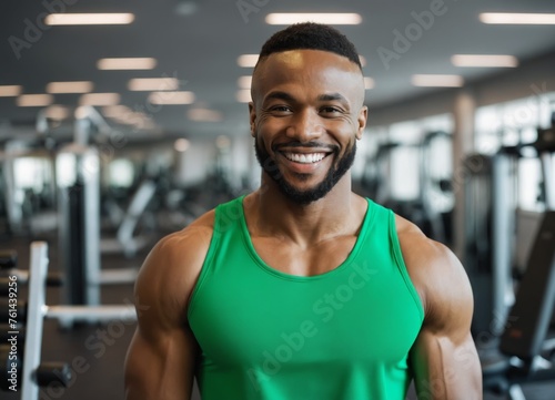 Muscular African American man in green sportswear, fitness trainer smiling and looking at the camera on the background of the gym