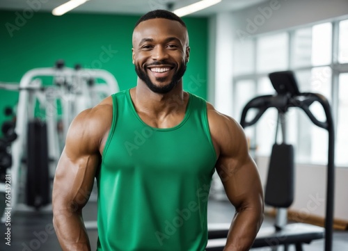 Muscular African American man in green sportswear  fitness trainer smiling and looking at the camera on the background of the gym