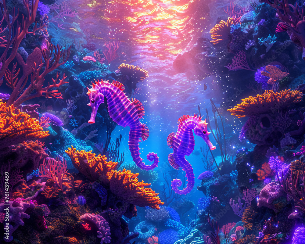 Seahorses racing through coral canyons, their vibrant hues leaving trails of light in the underwater maze Seahorses racing through coral canyons, their vibrant hues leaving trails of light in the underwater maze