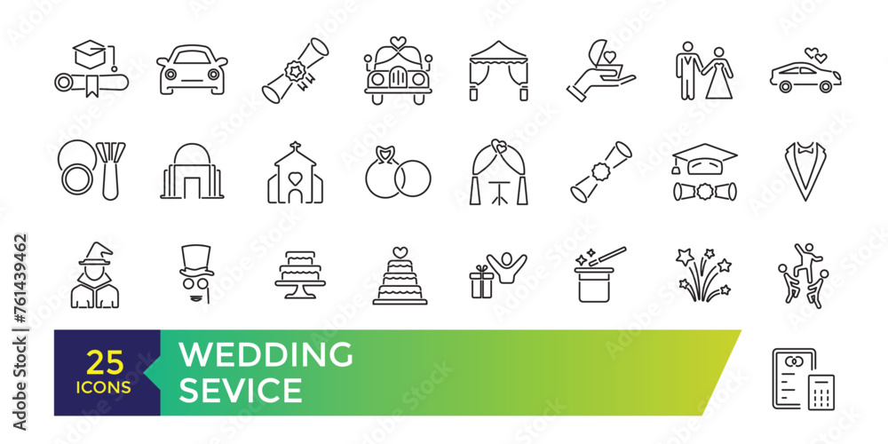 Wedding vector line icon. Party service - catering, birthday cake, balloon decoration, flower delivery, invitation, clown. Thin linear sign of entertainment.