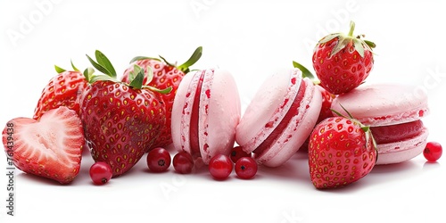 Macaroons with strawberry fruit filling, on white background, composition of macaroons and fresh strawberries, wallpaper, template.