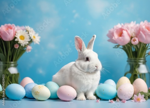 Festive Easter background with a cute bunny, in a clearing among spring flowers and pink and blue Easter eggs © Universeal
