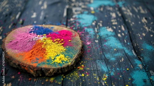Various Paint Powder on Wooden Surface, Indian Festival of Holi Celebration Concept