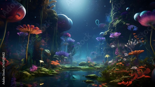 A cosmic garden with floating islands of diverse flora  orbiting a radiant star.