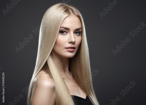 blonde woman with straight long shiny hair on a dark grey background with copy space.
