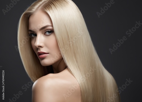 blonde woman with straight long shiny hair on a dark grey background with copy space.