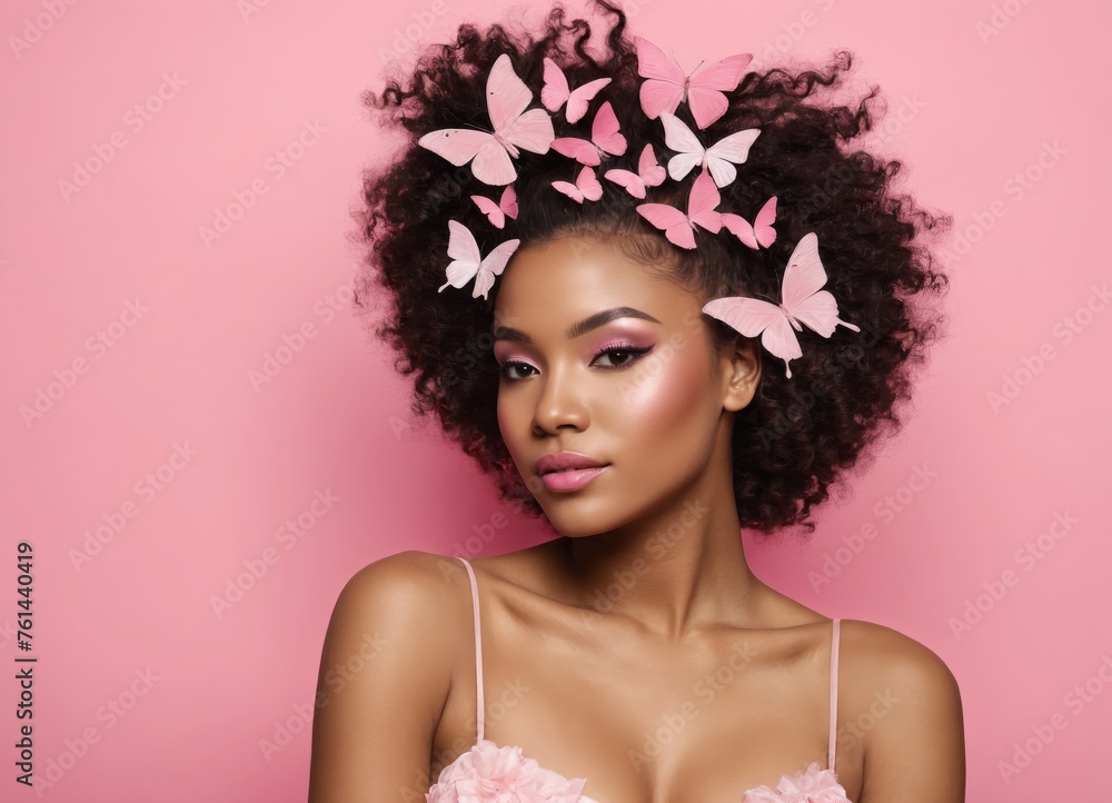 Art portrait of an African American girl with pink butterflies in her hair on a studio pink background 