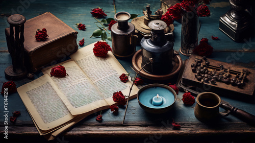 Still life with open book, roses, vintage metal objects and a candle on a wooden table.