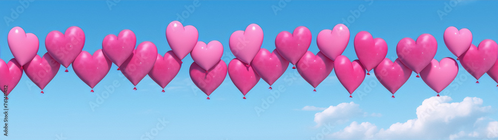 Pink heart-shaped balloons floating in a blue sky with white clouds in the background.