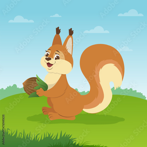 Cartoon illustration of a red squirrel looking at us with an acorn. Vector illustration highlighted on a bright background of lkx postcards, poster, alphabet