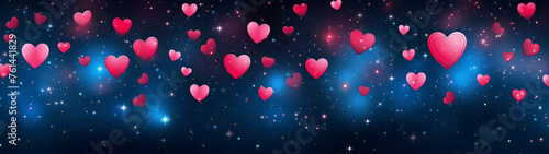 Pink hearts of various sizes float against a starry blue background.