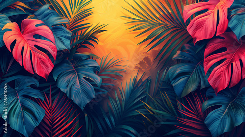 A colorful tropical forest with a variety of leaves, including large palm leaves photo