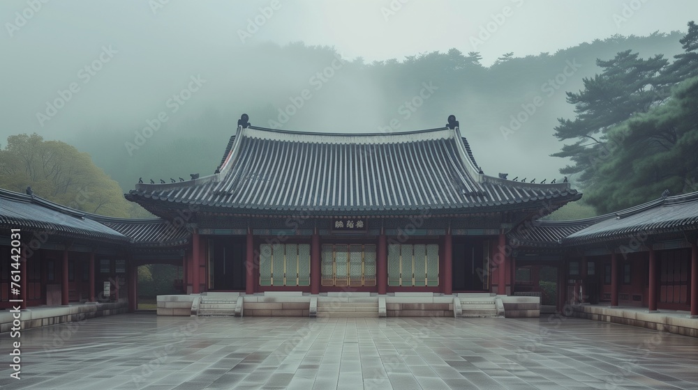 A luxurious old Korean palace with a rainy background. Generative AI A luxurious old Korean palace with a rainy background. Generative AI