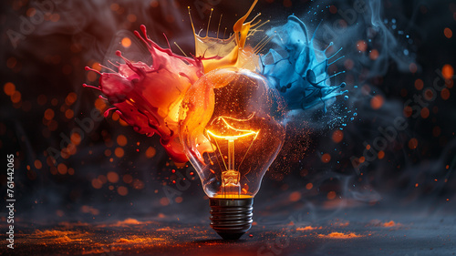 A light bulb is lit up and surrounded by colorful paint splatters