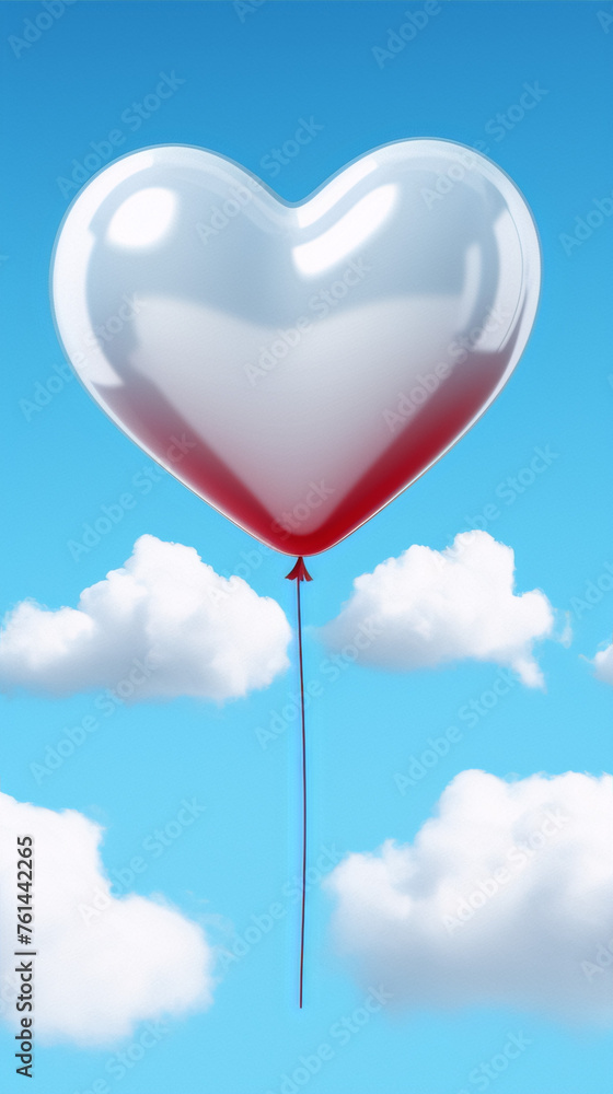 3D illustration of a heart-shaped balloon floating in the sky with clouds in the background