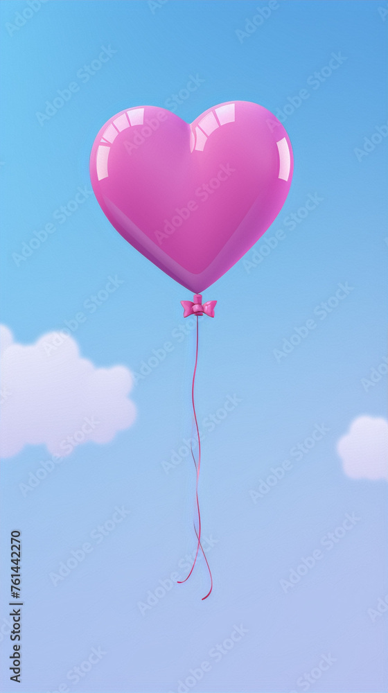 Pink heart balloon floating in the blue sky with white clouds.