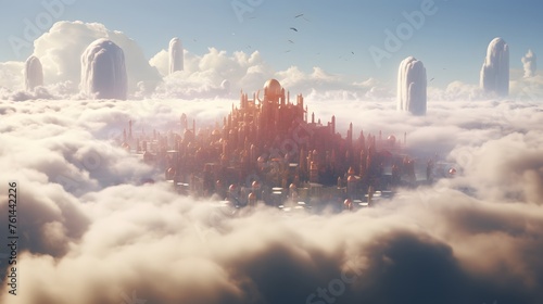 A floating cityscape in the clouds, where majestic airships navigate between towering skyscrapers.