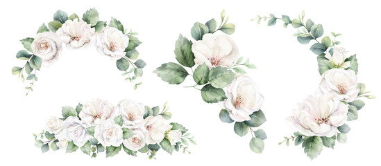 White roses and eucalyptus branches. Watercolor floral bouquets. Foliage arrangement for wedding , greetings, wallpapers, fashion, fabric, home decoration. Hand painted illustration.