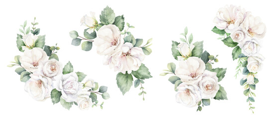 White roses and eucalyptus branches. Watercolor floral bouquets. Foliage arrangement for wedding , greetings, wallpapers, fashion, fabric, home decoration. Hand painted illustration.