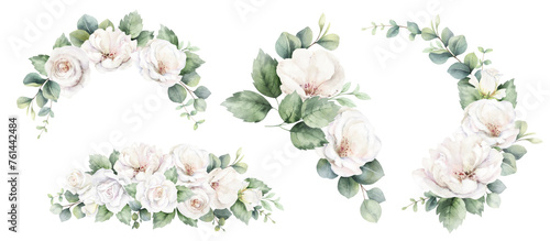 White roses and eucalyptus branches. Watercolor floral bouquets. Foliage arrangement for wedding , greetings, wallpapers, fashion, fabric, home decoration. Hand painted illustration. © ElenaMedvedeva