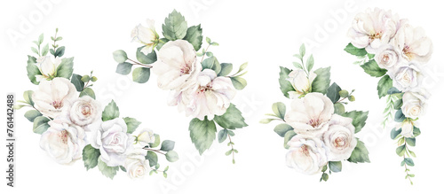 White roses and eucalyptus branches. Watercolor floral bouquets. Foliage arrangement for wedding , greetings, wallpapers, fashion, fabric, home decoration. Hand painted illustration.