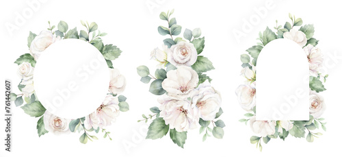 White roses and eucalyptus branches. Watercolor floral bouquet and frames. Foliage arrangement for wedding , greetings, wallpapers, fashion, fabric, home decoration. Hand painted illustration. © ElenaMedvedeva
