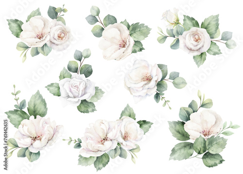 White roses and eucalyptus branches. Watercolor floral bouquets. Foliage arra...