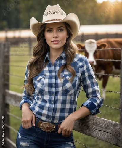 country beauty posing against a wooden fence with a plaid shirt and jeans and a cowboy hat