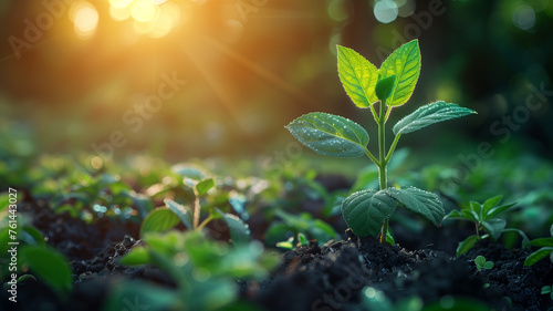 A small green plant is growing in the dirt