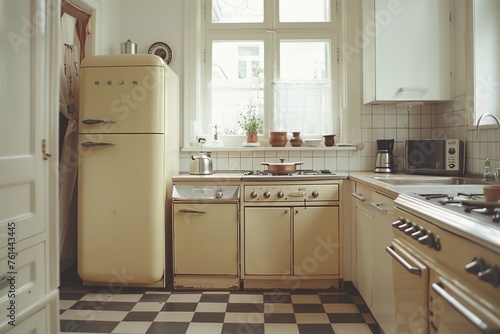 Cozy vintage kitchen with retro appliances and checkered floor