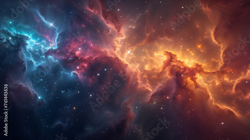A colorful space scene with a blue and red cloud