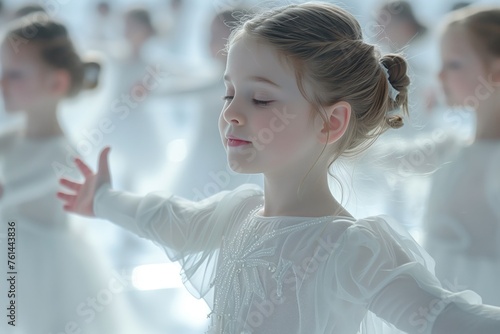portrait of adorable little girl in white dress, Beautiful little dancer. Girl with close eyes dreams of becoming a dancer, Poster, wallpaper, picture. Young girl is dreaming
