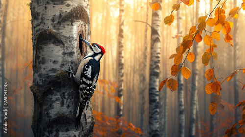A woodpecker is standing in a tall tree, tapping on the trunk of the tree, photo
