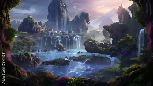 A majestic waterfall in an alien landscape, surrounded by crystalline structures and exotic flora. © pipo