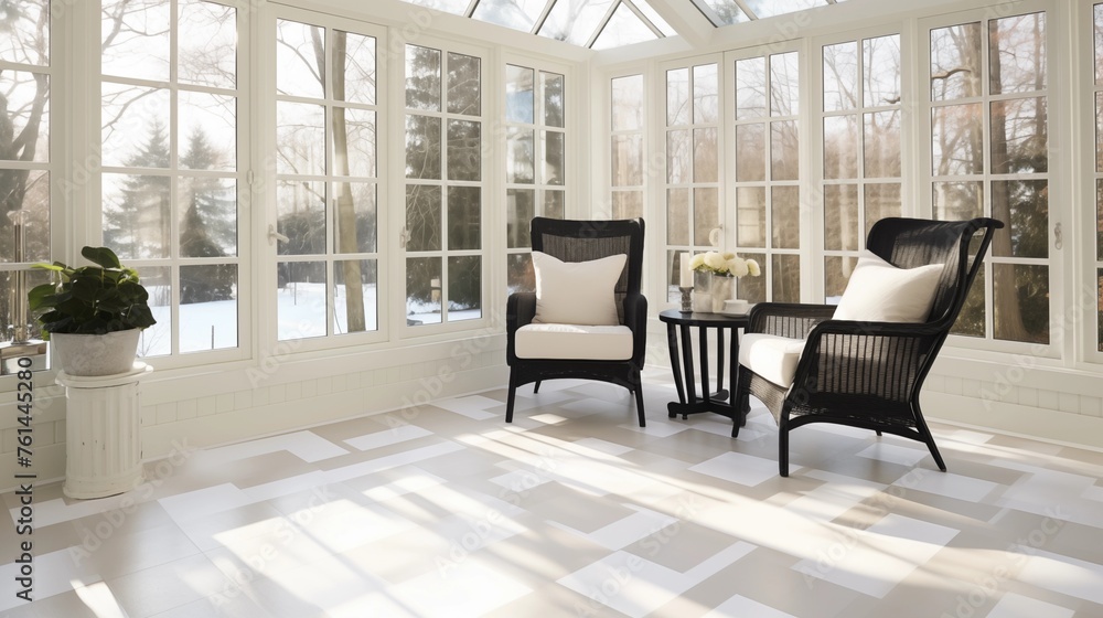 Sunroom with sleek white-tiled floors and radiant heating. Sunroom with sleek white-tiled floors and radiant heating.