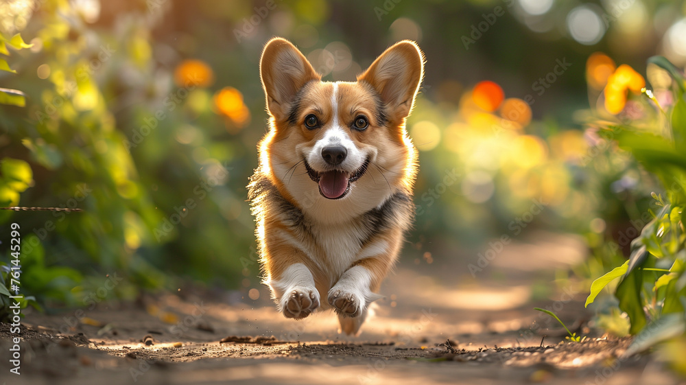 A dog is running through a field of flowers A dog is running through a field of flowers