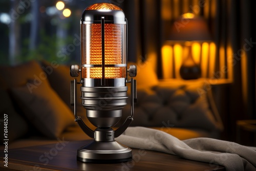 Design a captivating podcast studio scene with a dominant microphone on the desk, accompanied by modern gadgets and a warm, stylish ambiance.