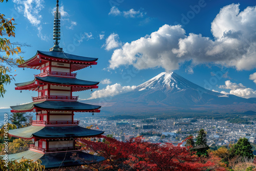 A beautiful red pagoda with Mount Fuji in the background  a Japanese cityscape in autumn  a clear blue sky