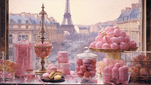 Still life painting of pink macarons and Eiffel Tower view from window in Paris, France. photo