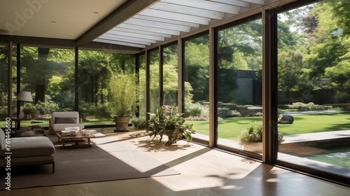 Sunroom with sliding glass doors opening to a tranquil courtyard.